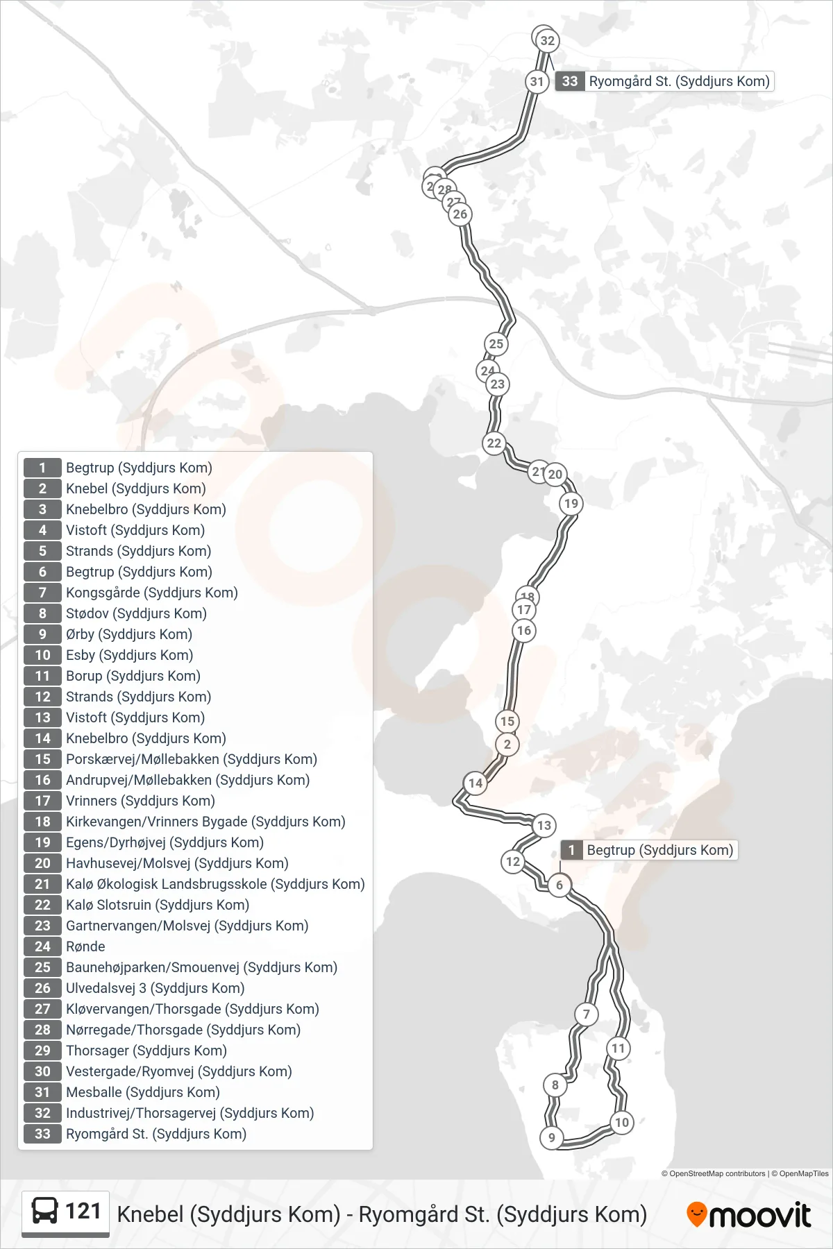 121 bus Linje (Ryomgård St. (Syddjurs Kom)) rute og stop på et kort