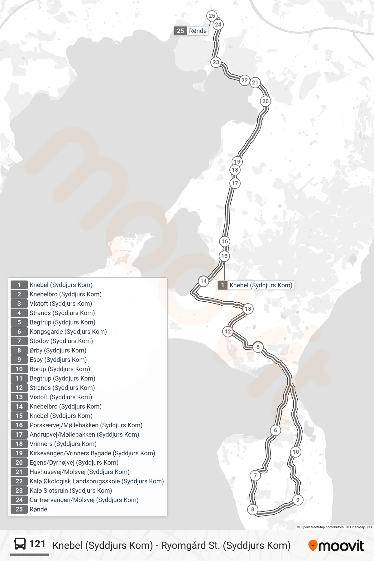 121 bus Linje (Rønde Busterminal (Syddjurs Kom)) rute og stop på et kort