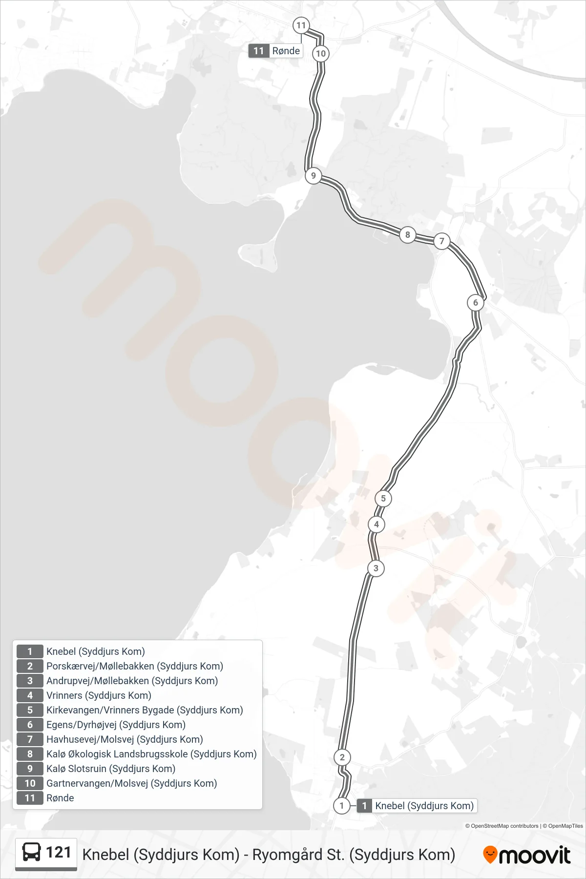 121 bus Linje (Rønde) rute og stop på et kort
