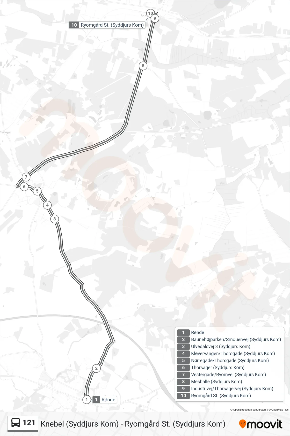 121 bus Line (Ryomgård) route and stops on a map