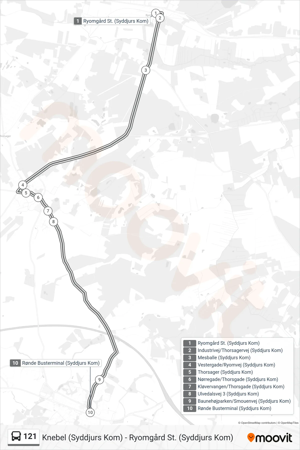 121 bus Linje (Rønde) rute og stop på et kort