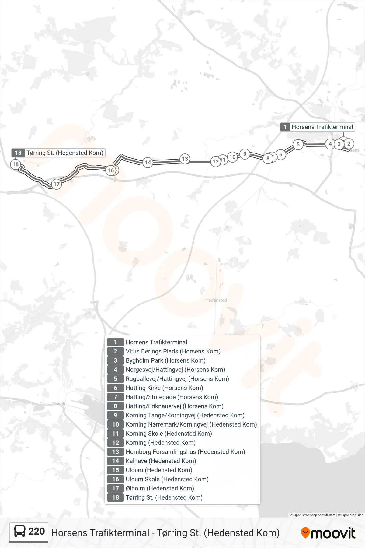 220 bus Linje (Tørring St.) rute og stop på et kort