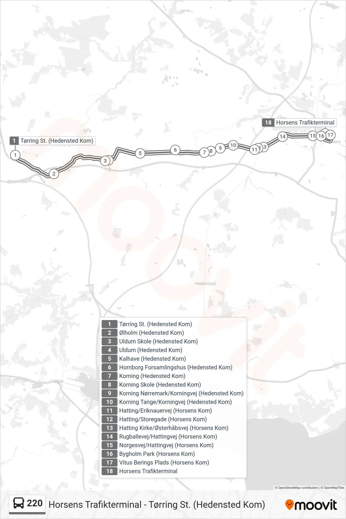 220 bus Linje (Horsens Trafikterminal) rute og stop på et kort