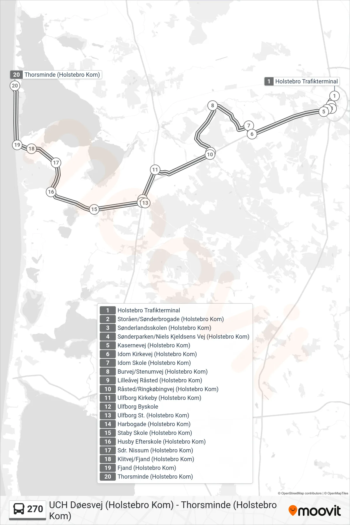 270 bus Line (Thorsminde) route and stops on a map