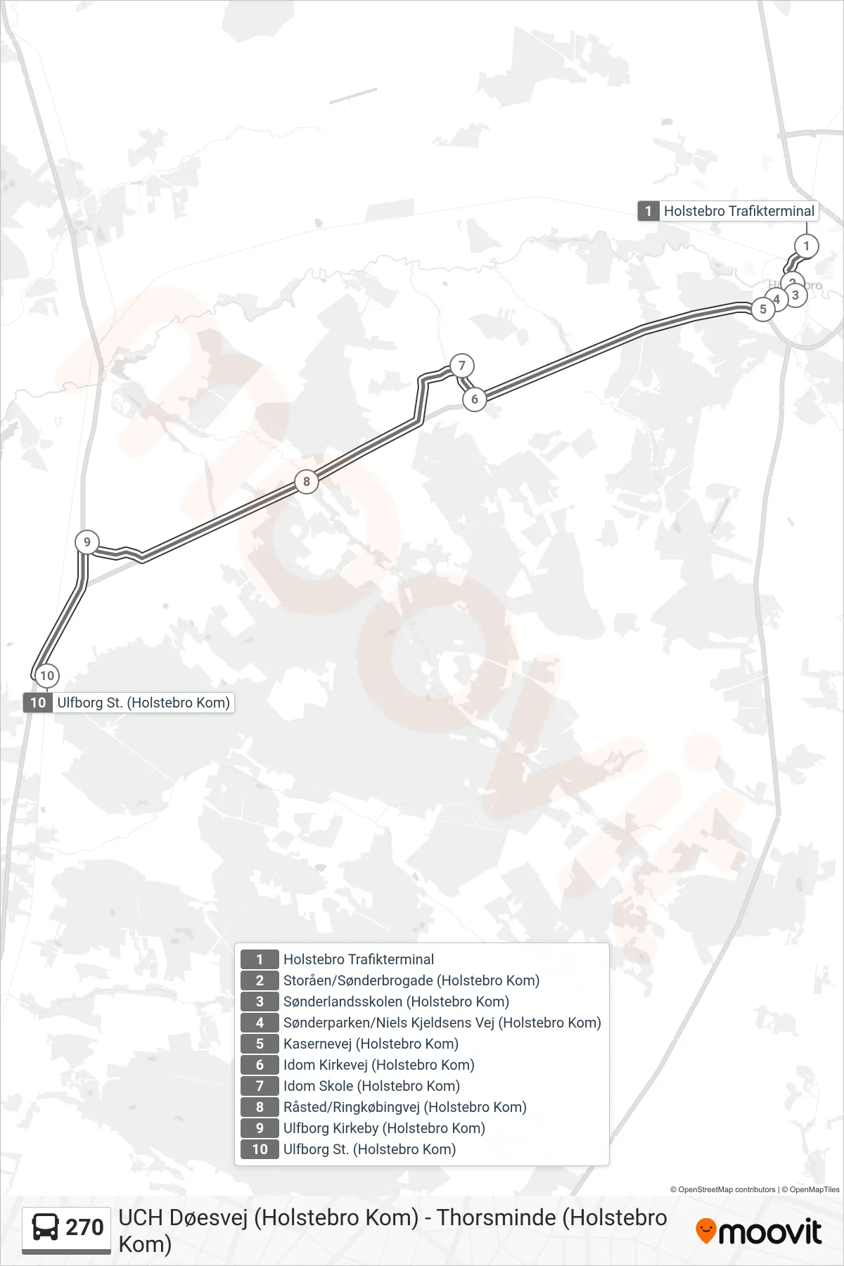 270 bus Linje (Ulfborg St.) rute og stop på et kort