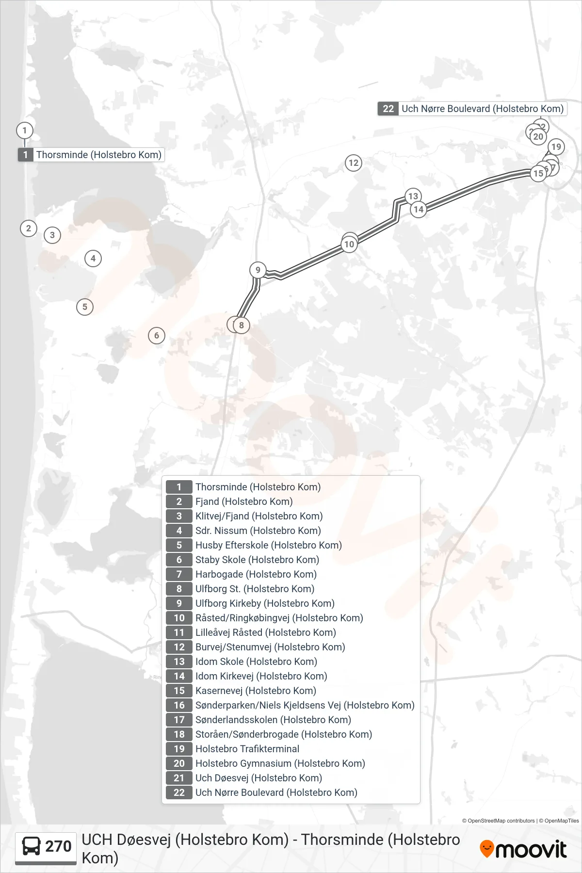 270 bus Linje (Holstebro Trafikterminal) rute og stop på et kort