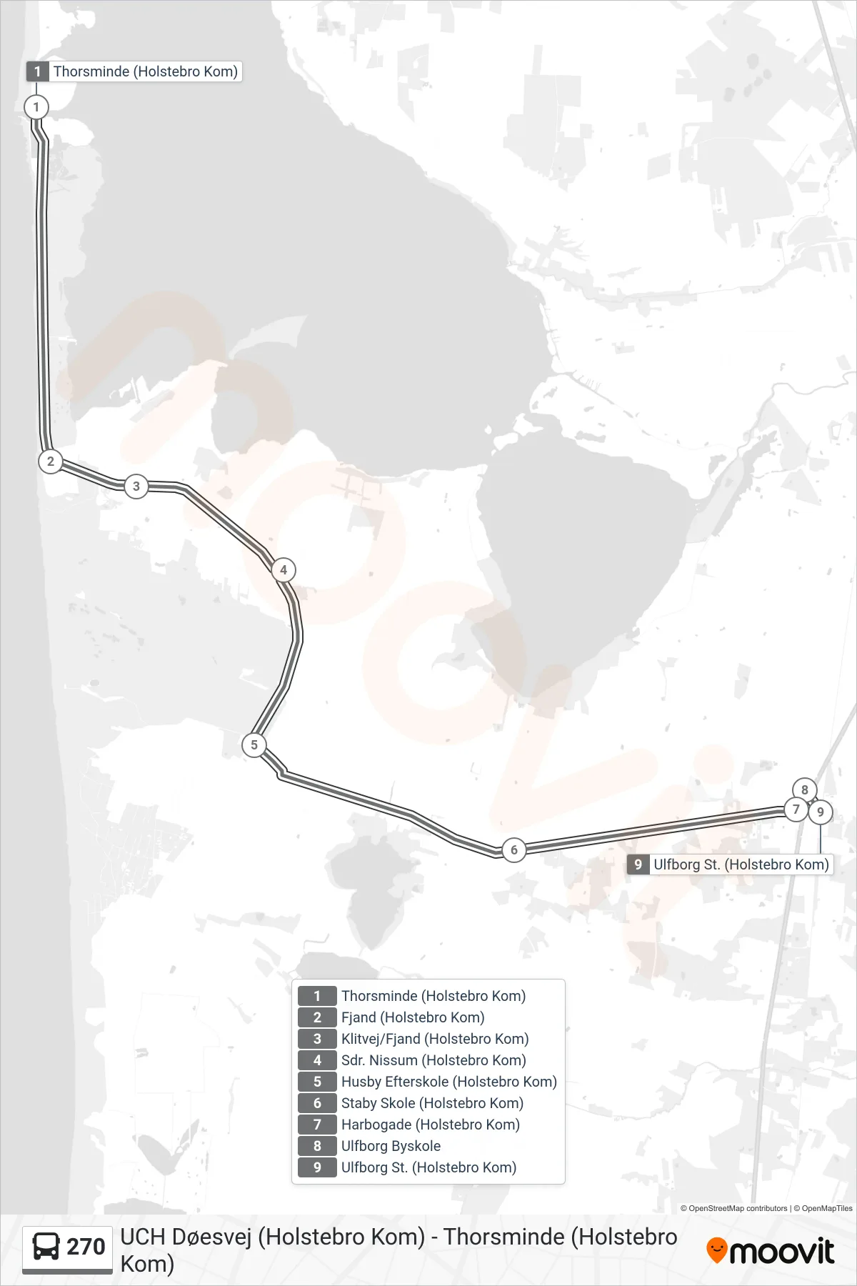 270 bus Linje (Ulfborg St.) rute og stop på et kort