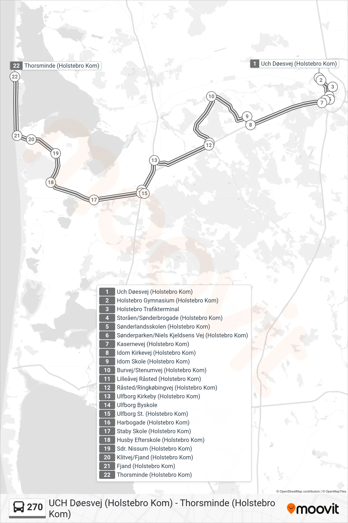 270 bus Linje (Thorsminde (Holstebro Kom)) rute og stop på et kort