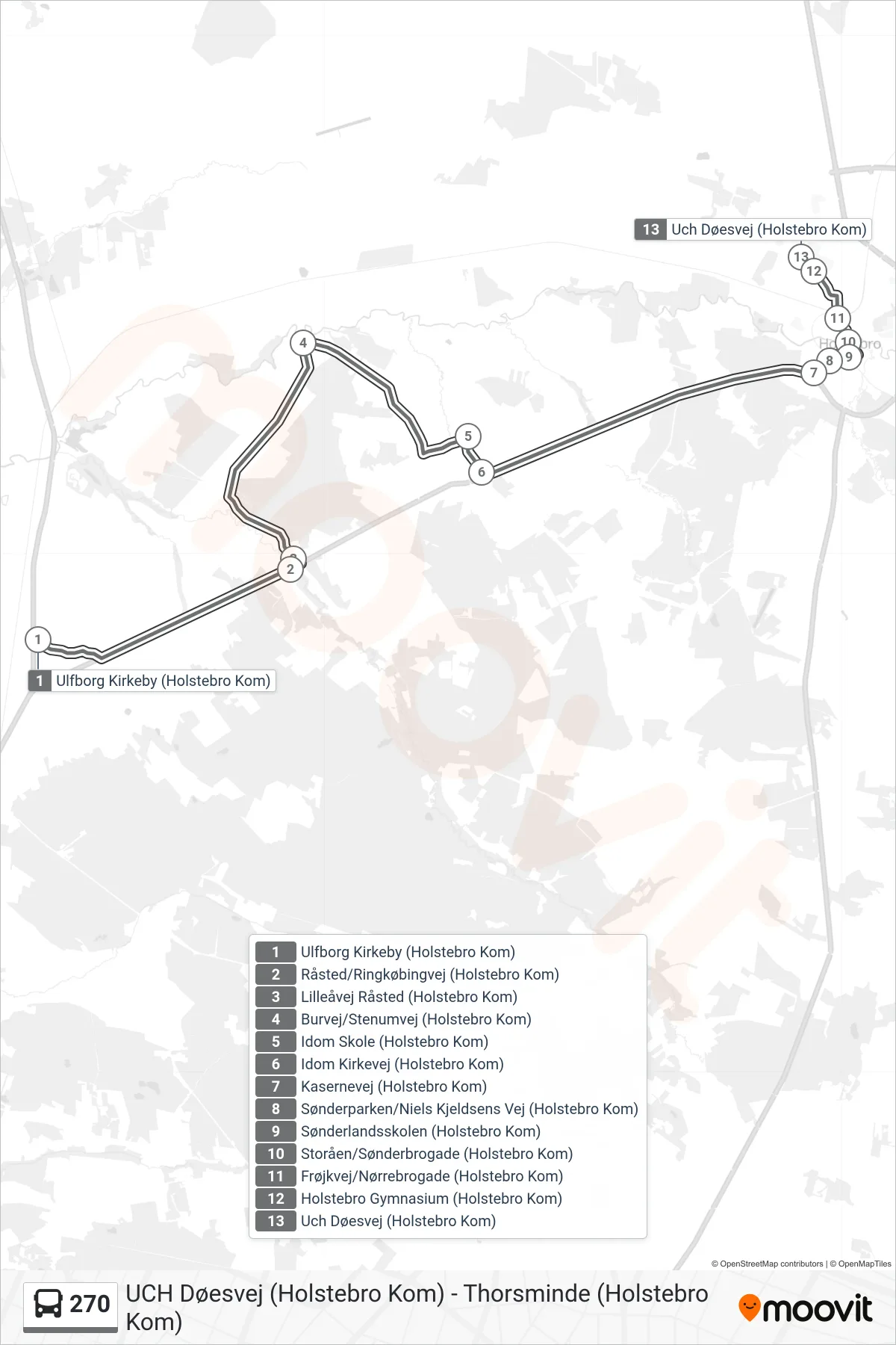 270 bus Linje (Døesvej) rute og stop på et kort
