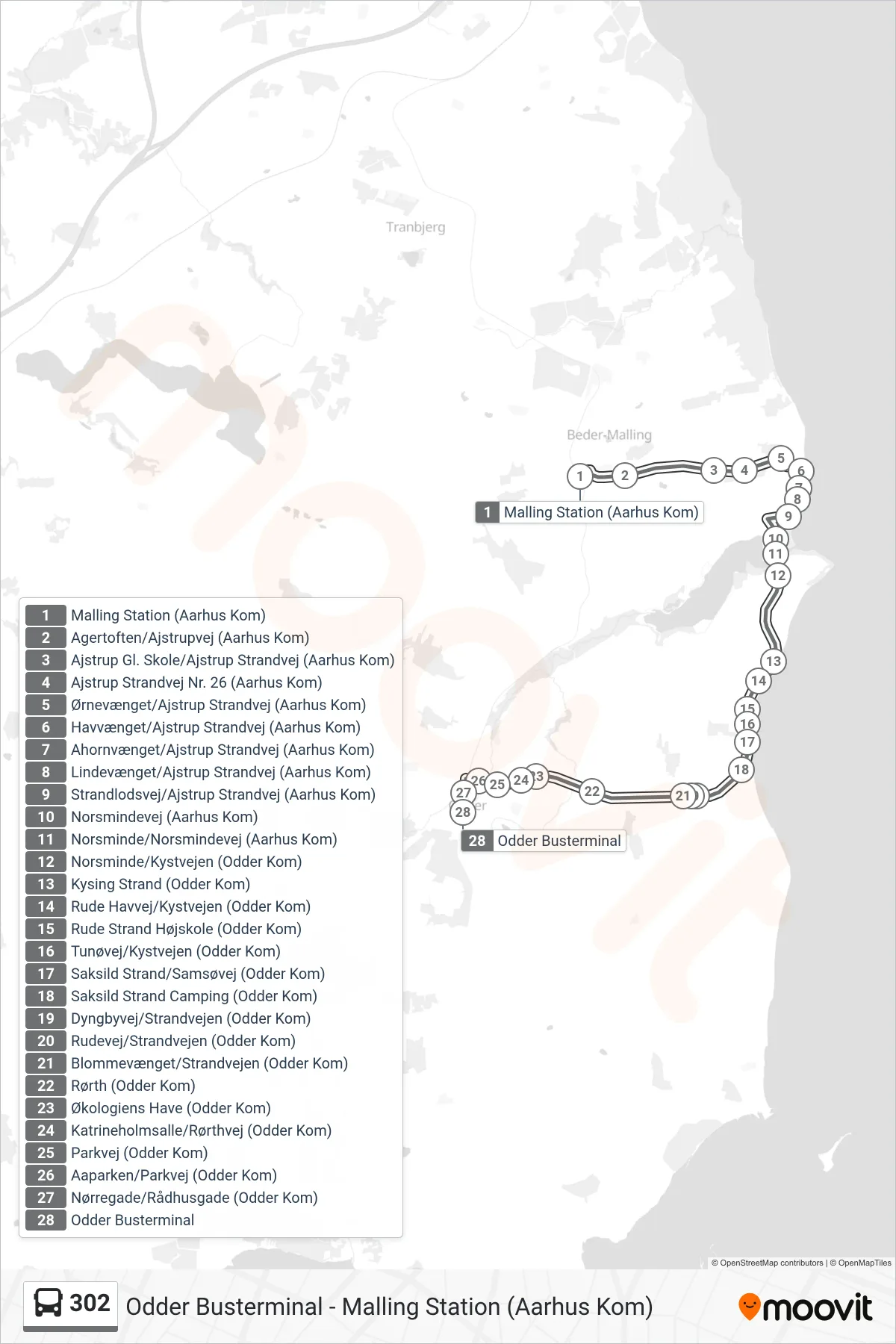 302 bus Linje (Odder Busterminal) rute og stop på et kort