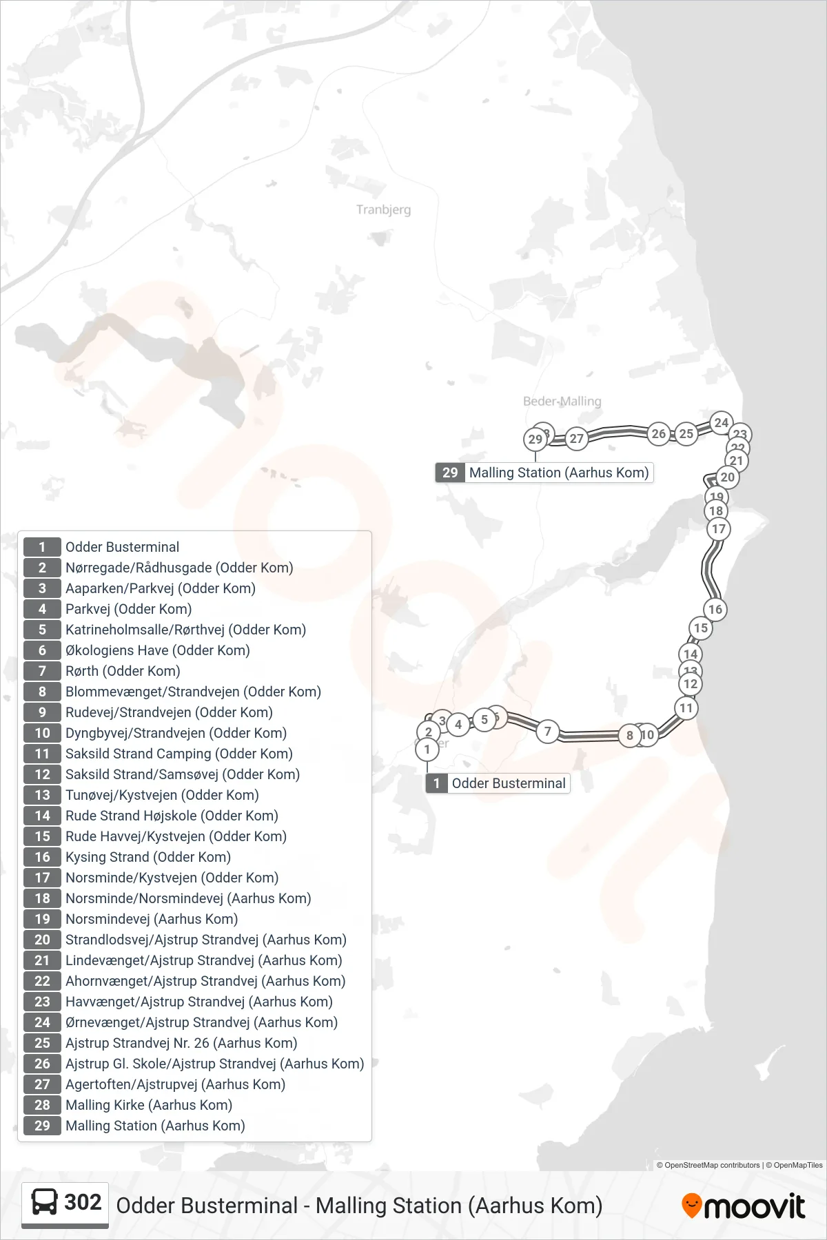 302 bus Linje (Malling St.) rute og stop på et kort