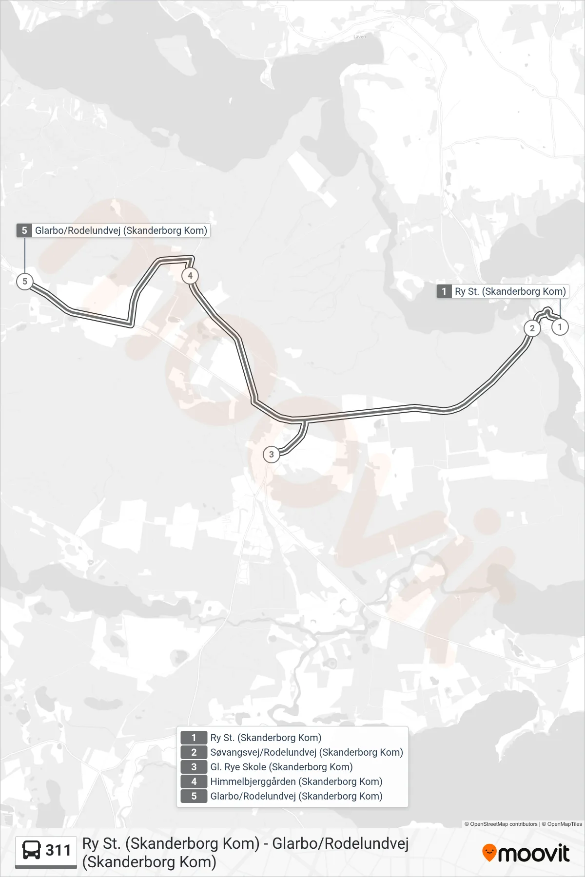 311 bus Linje (Glarbo) rute og stop på et kort