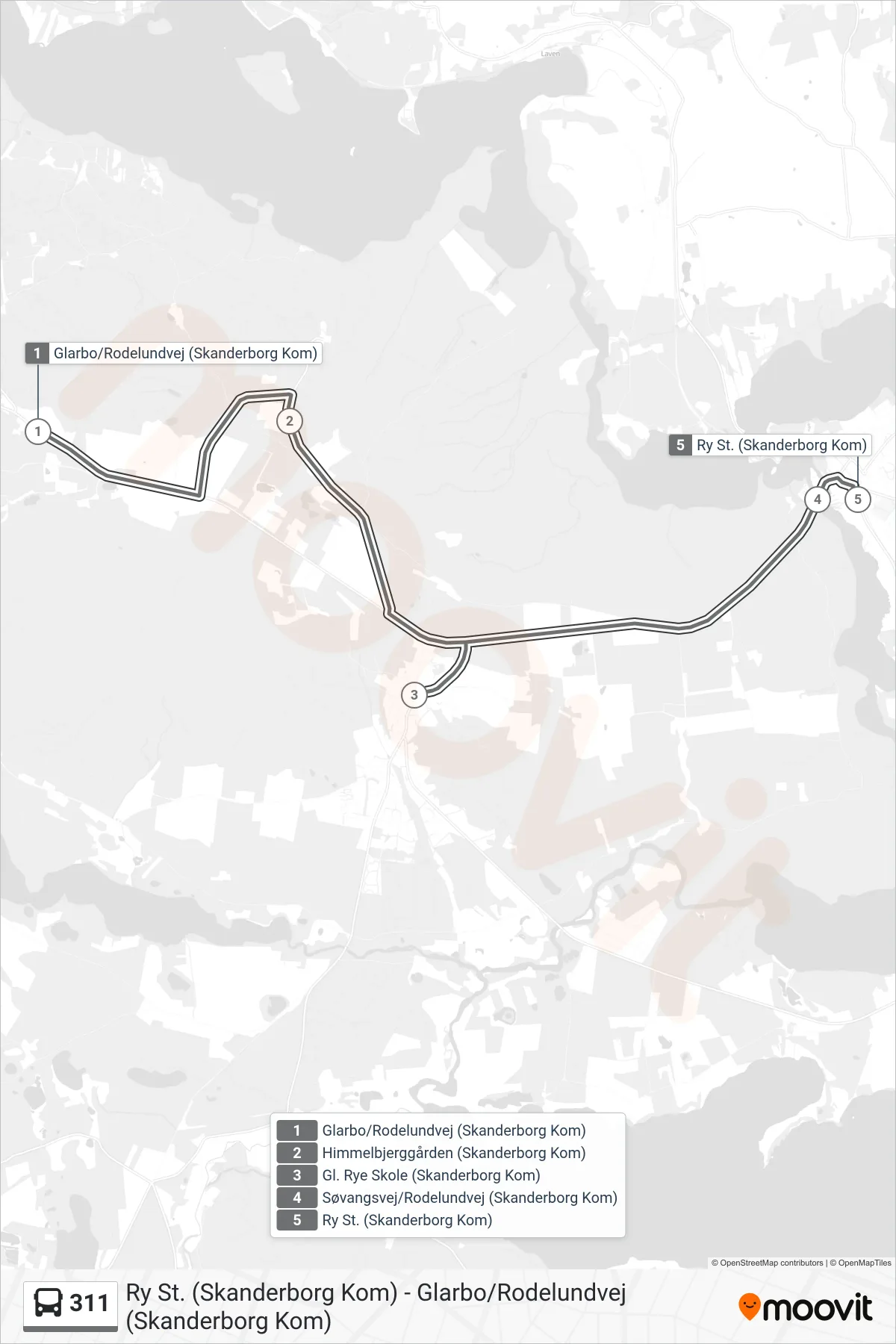 311 bus Linje (Ry St.) rute og stop på et kort