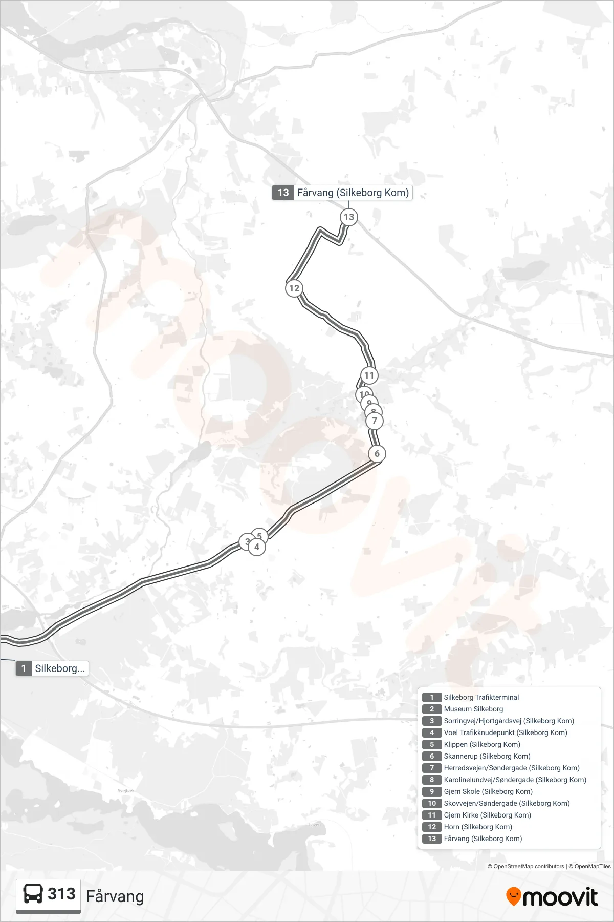 313 bus Line (Fårvang) route and stops on a map