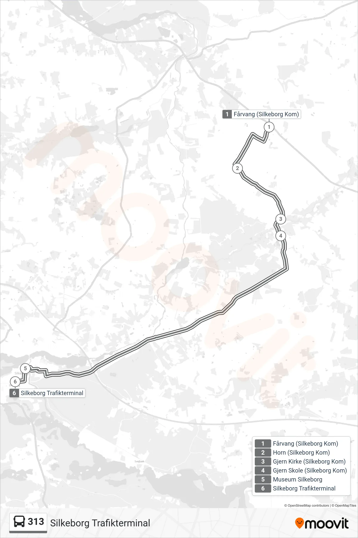 313 bus Linje (Silkeborg Trafikterminal) rute og stop på et kort