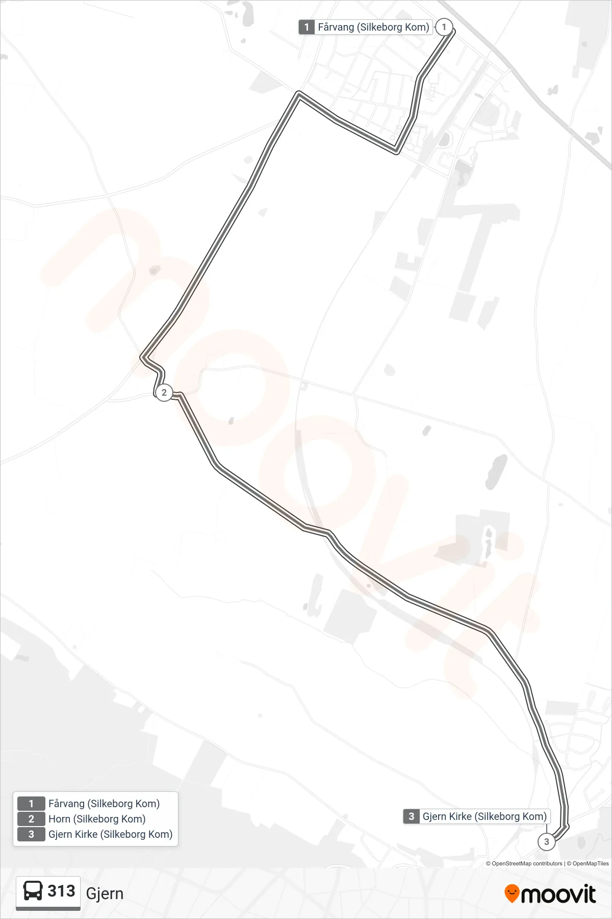 313 bus Linje (Gjern) rute og stop på et kort