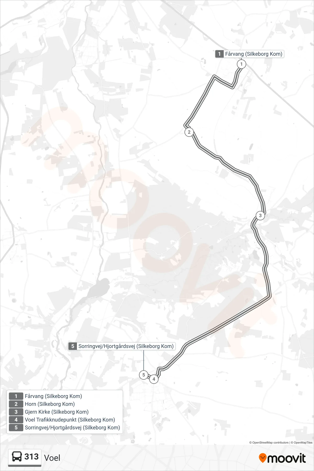 313 bus Linje (Voel) rute og stop på et kort