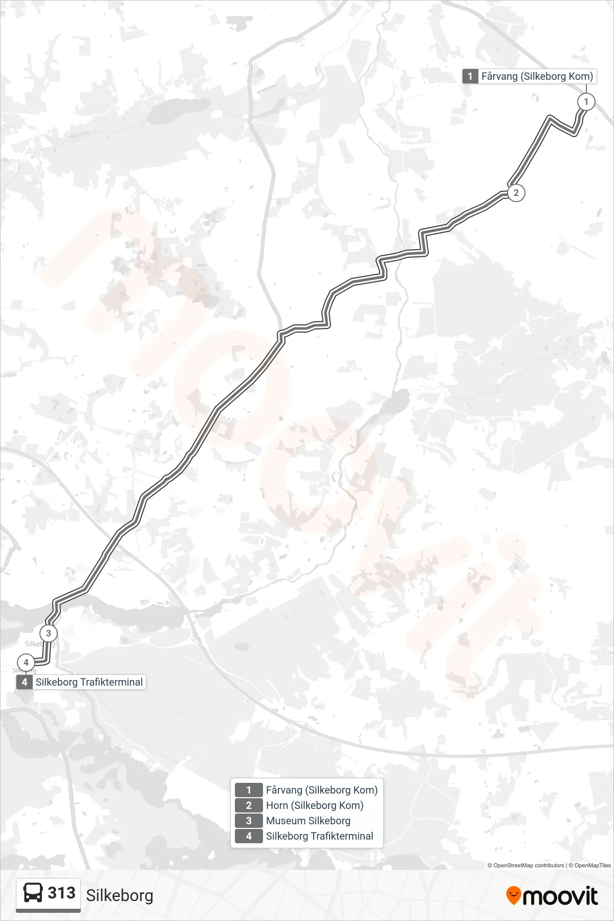313 bus Linje (Silkeborg) rute og stop på et kort