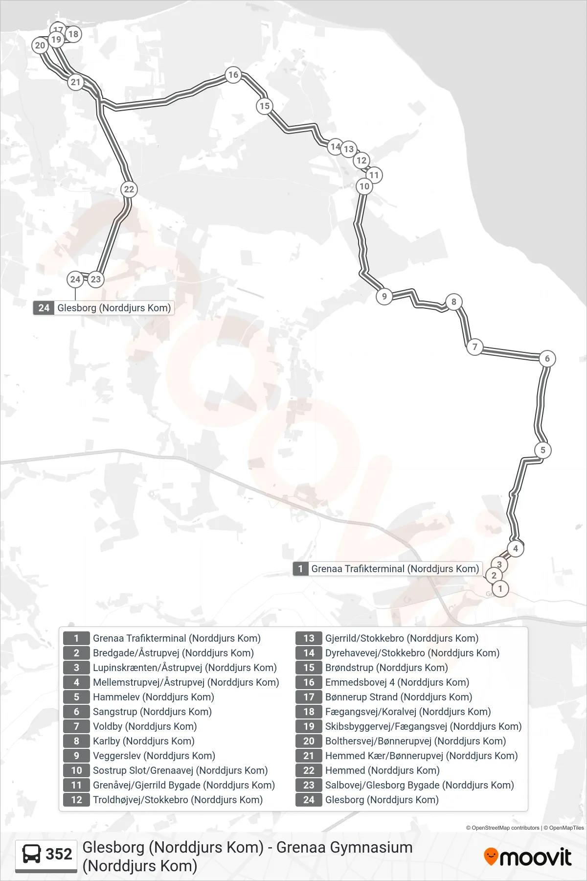 352 bus Linje (Glesborg) rute og stop på et kort
