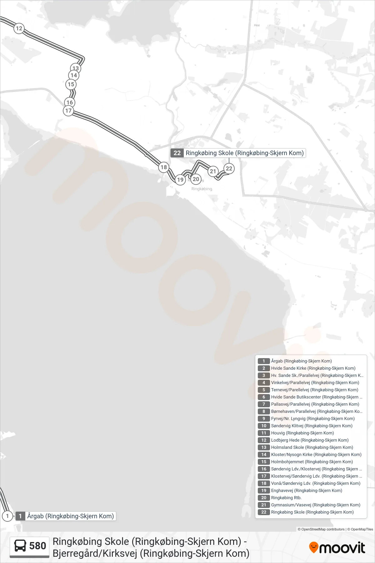 580 bus Linje (Ringkøbing Skole (Ringkøbing-Skjern Kom)) rute og stop på et kort