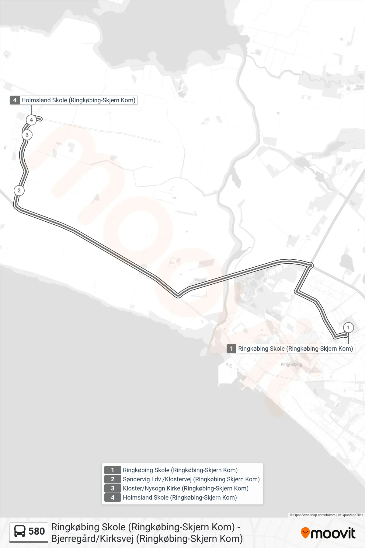580 bus Linje (Kloster (Direkte Bus)) rute og stop på et kort