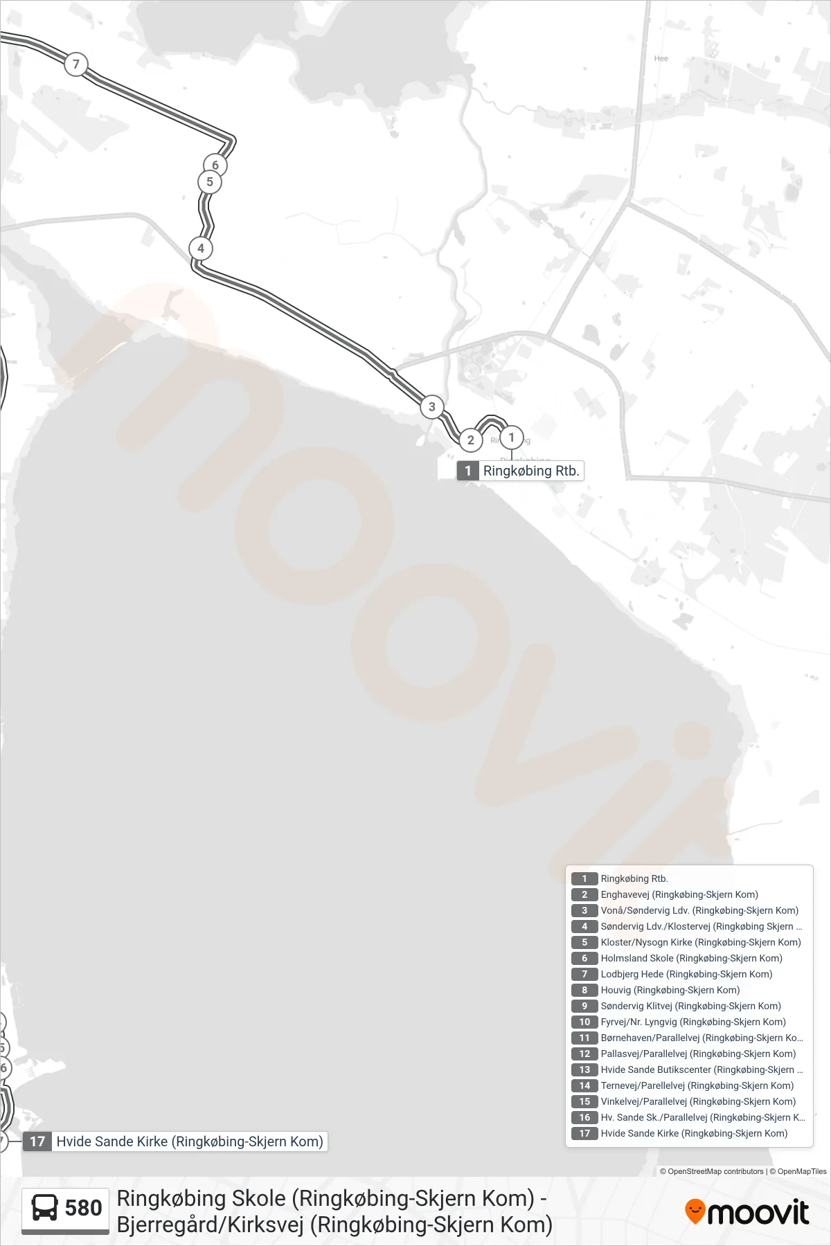 580 bus Linje (Hvide Sande Kirke (Ringkøbing-Skjern Kom)) rute og stop på et kort