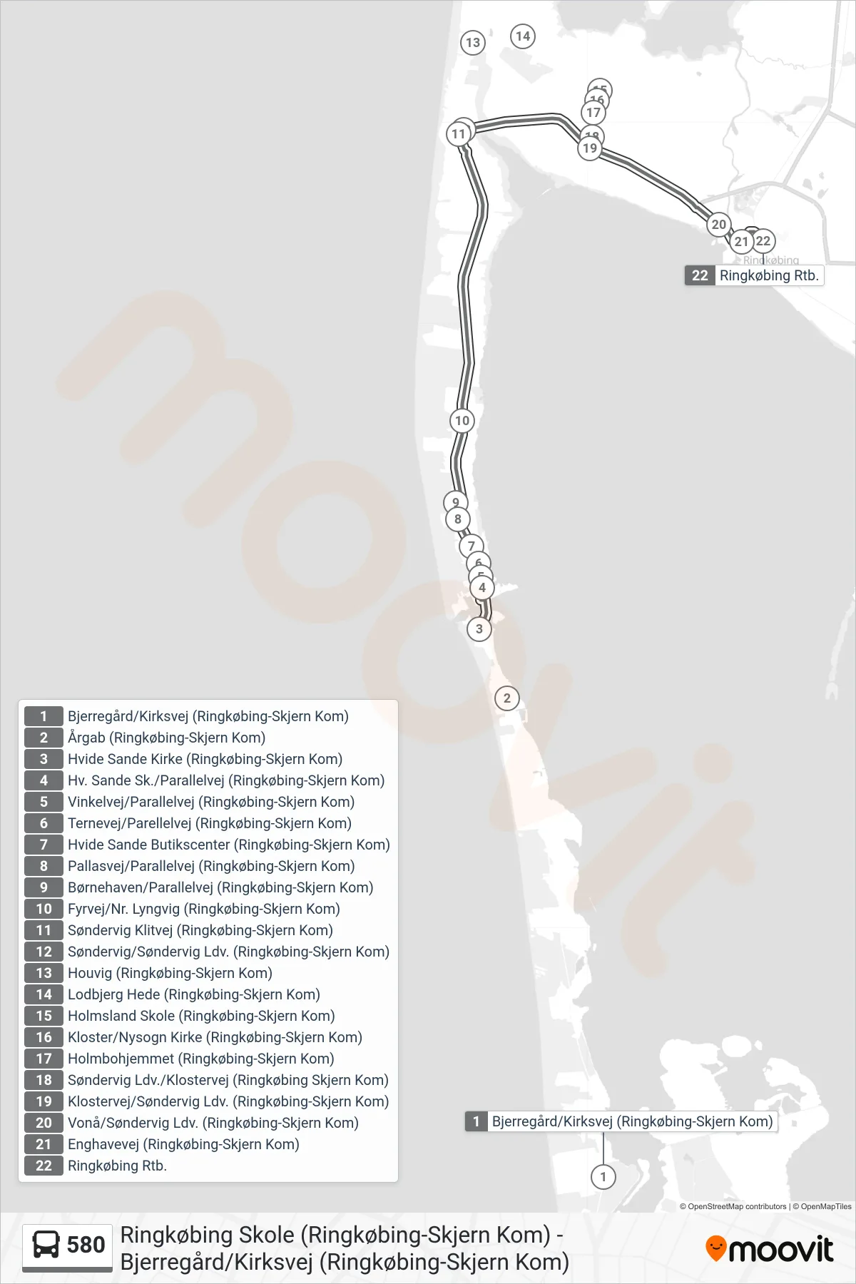 580 bus Linje (Ringkøbing Rtb.) rute og stop på et kort