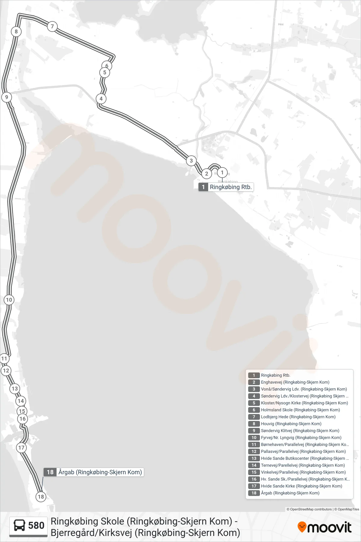 580 bus Line (Årgab (Ringkøbing-Skjern Kom)) route and stops on a map