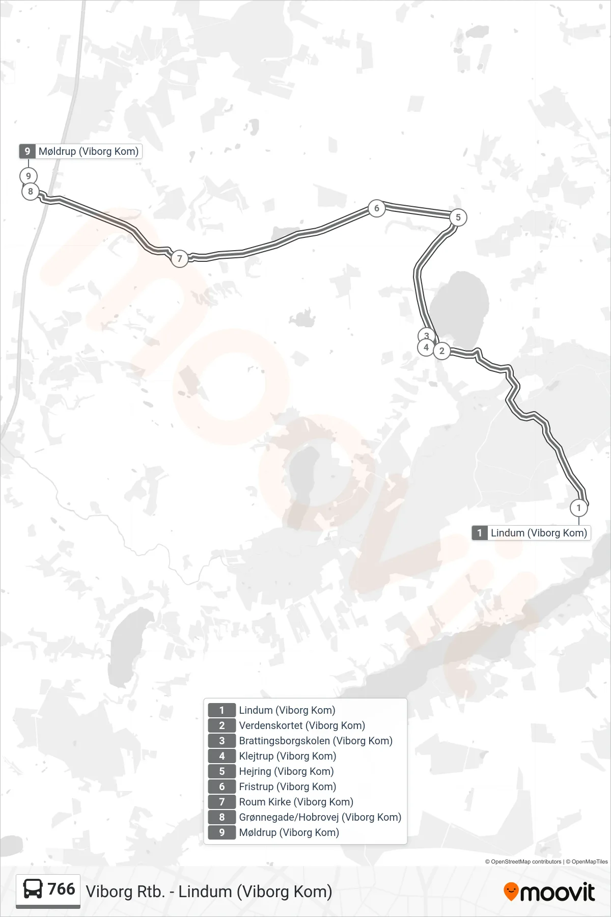 766 bus Linje (Møldrup) rute og stop på et kort