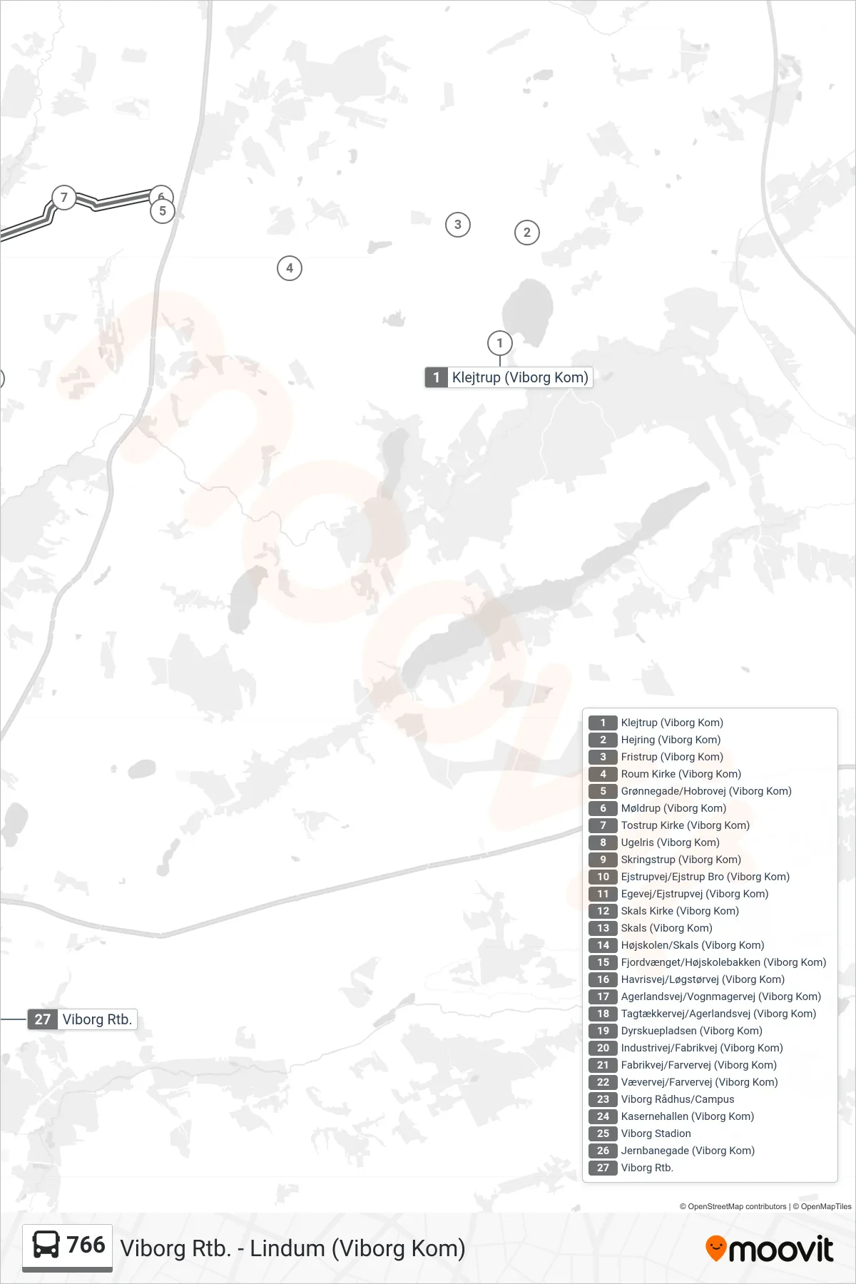 766 bus Linje (Viborg Rtb.) rute og stop på et kort