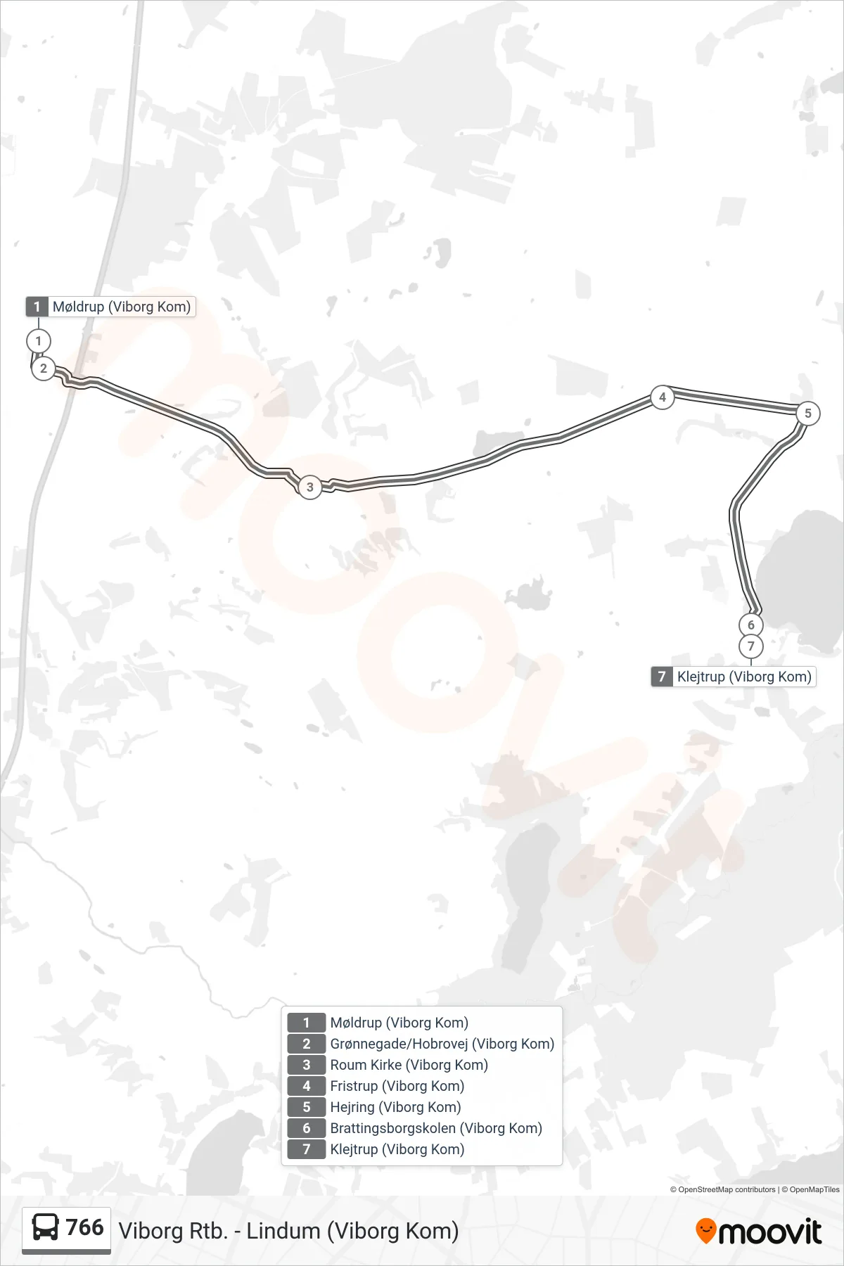 766 bus Linje (Klejtrup) rute og stop på et kort