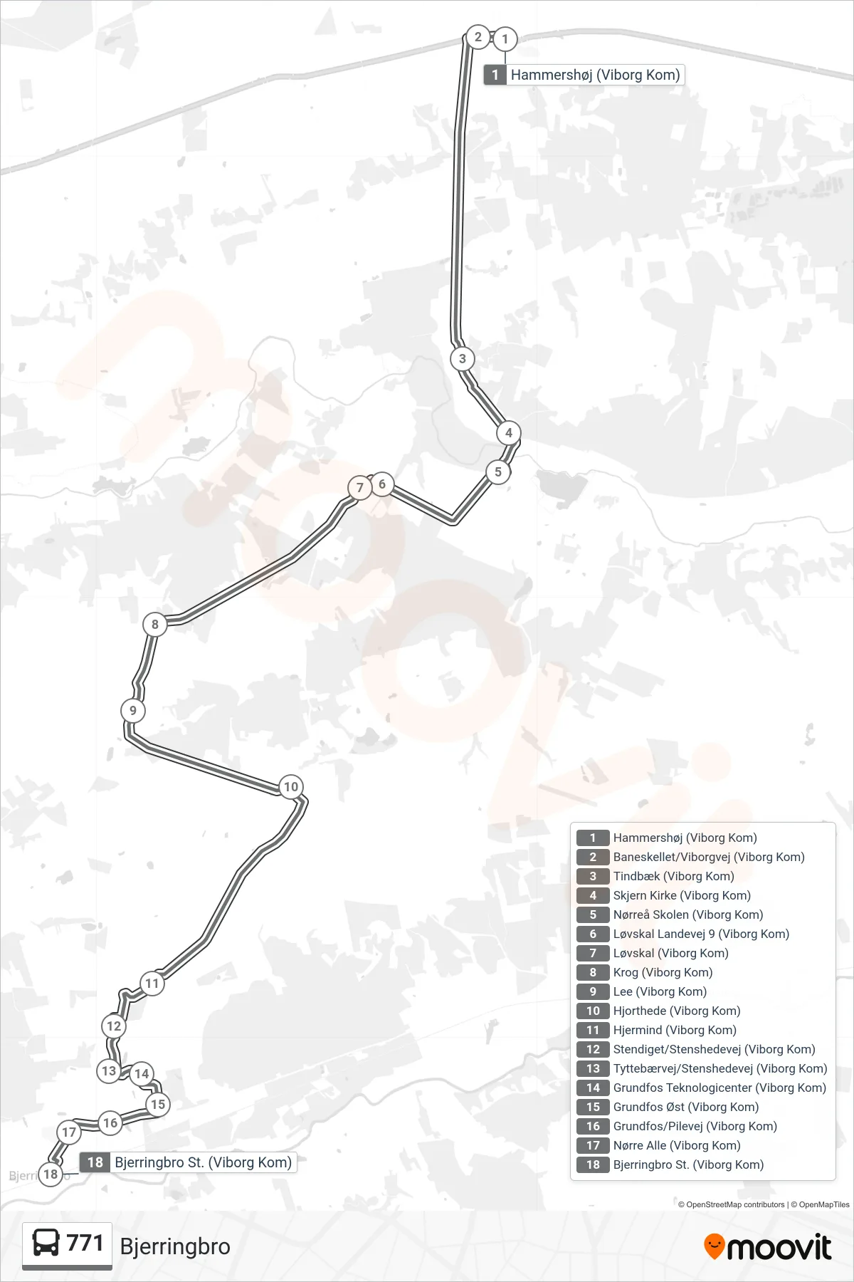 771 bus Linje (Bjerringbro) rute og stop på et kort