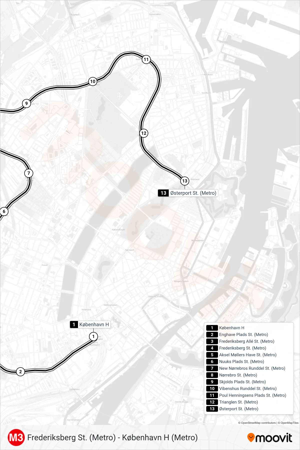 M3 metro Linje (Østerport St. (Metro)) rute og stop på et kort