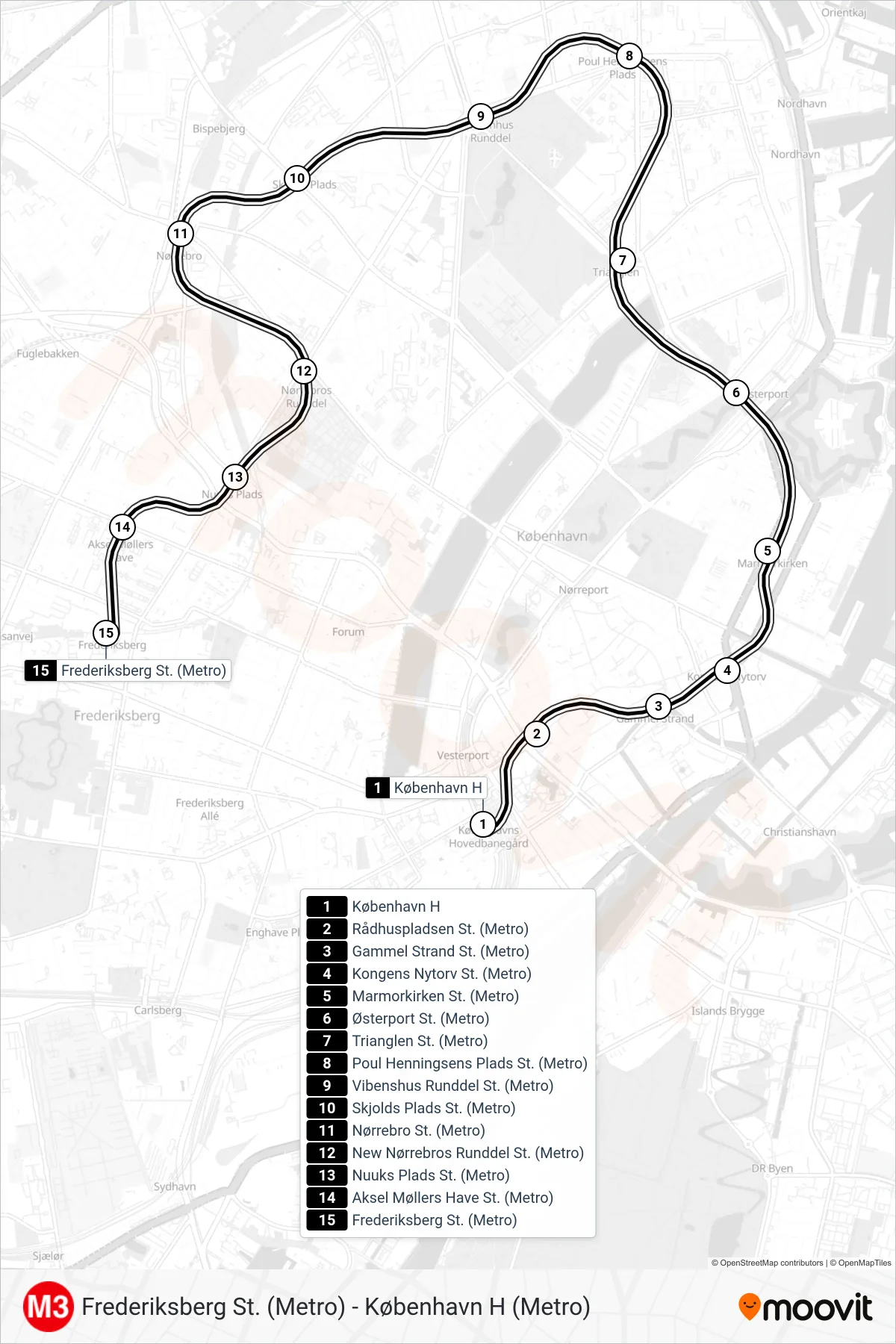 M3 metro Linje (Frederiksberg St. (Metro)) rute og stop på et kort