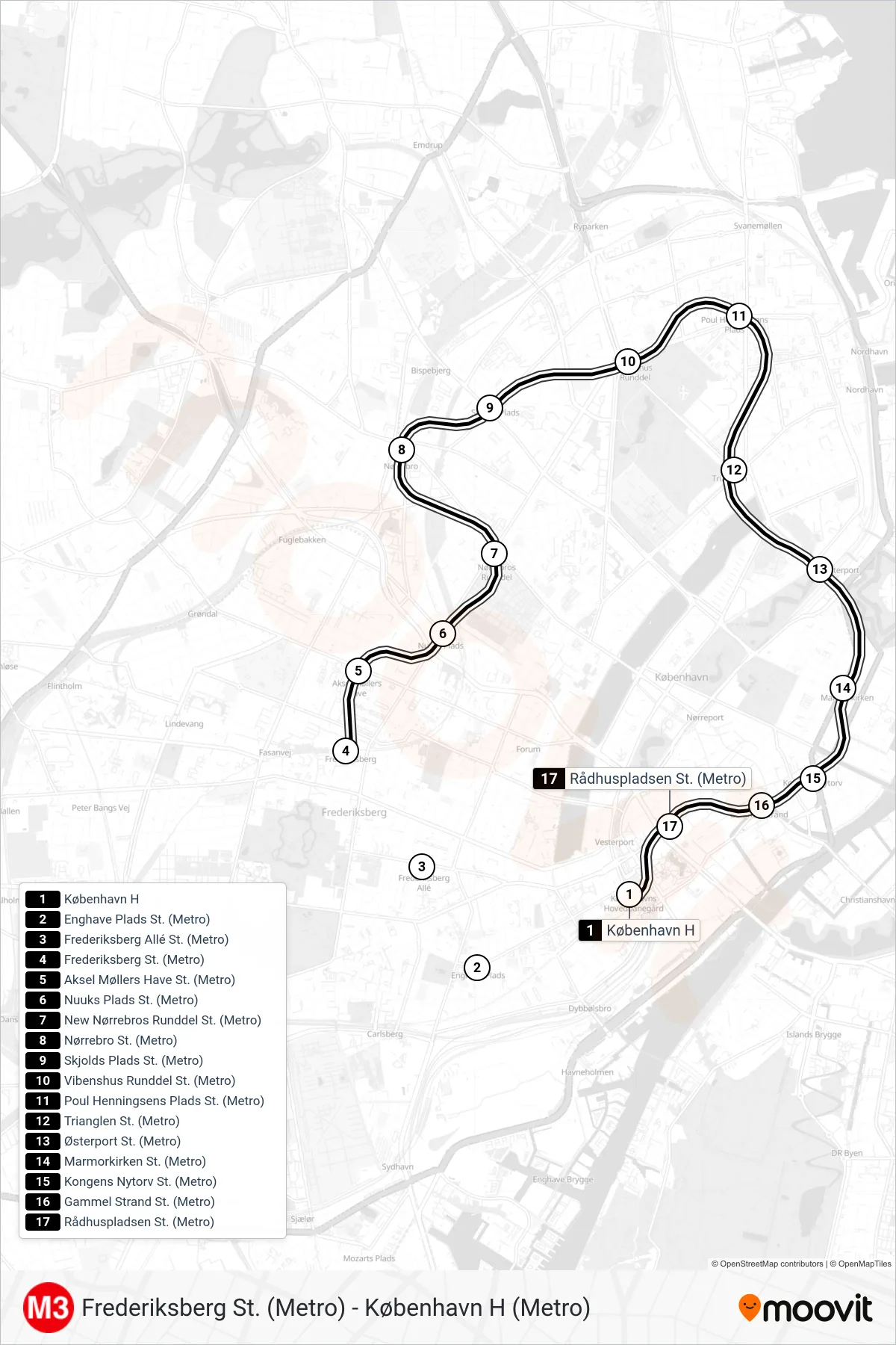 M3 metro Linje (København H (Metro)) rute og stop på et kort