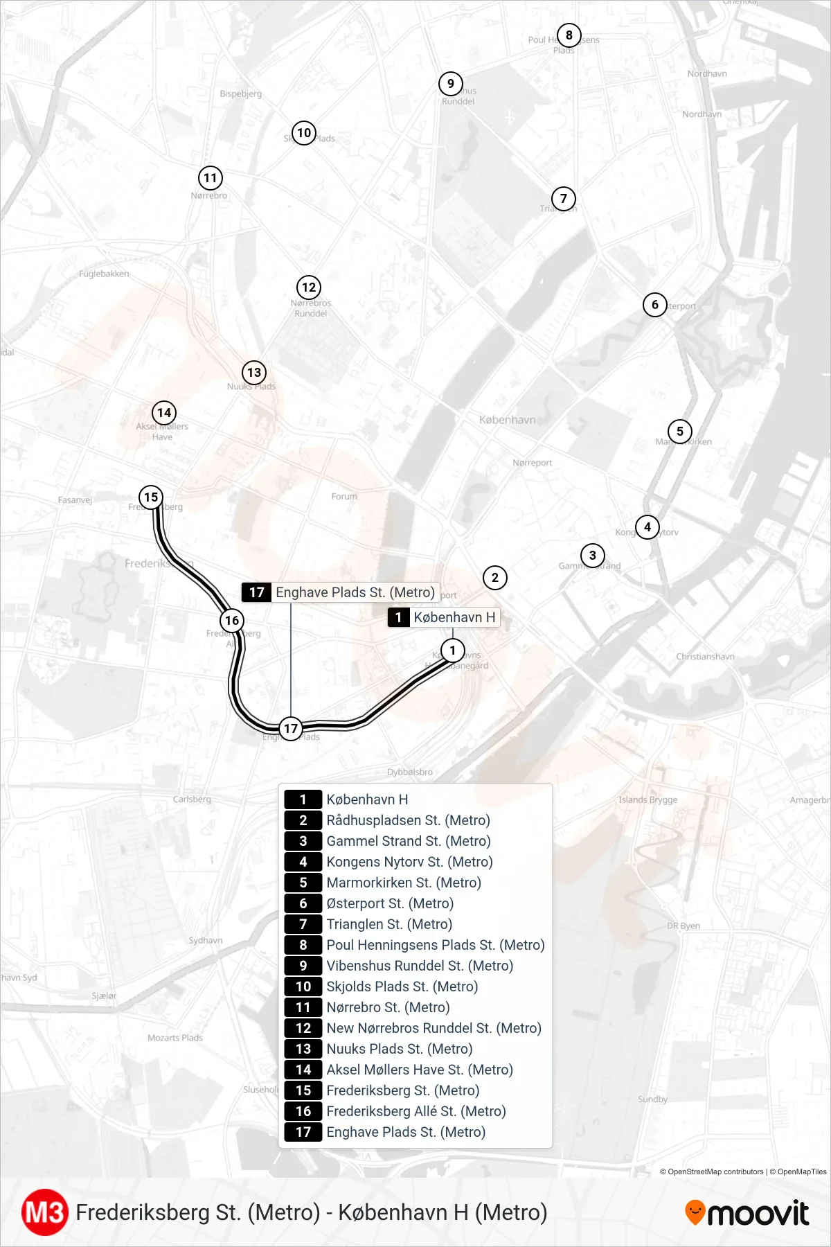 M3 metro Linje (København H (Metro)) rute og stop på et kort