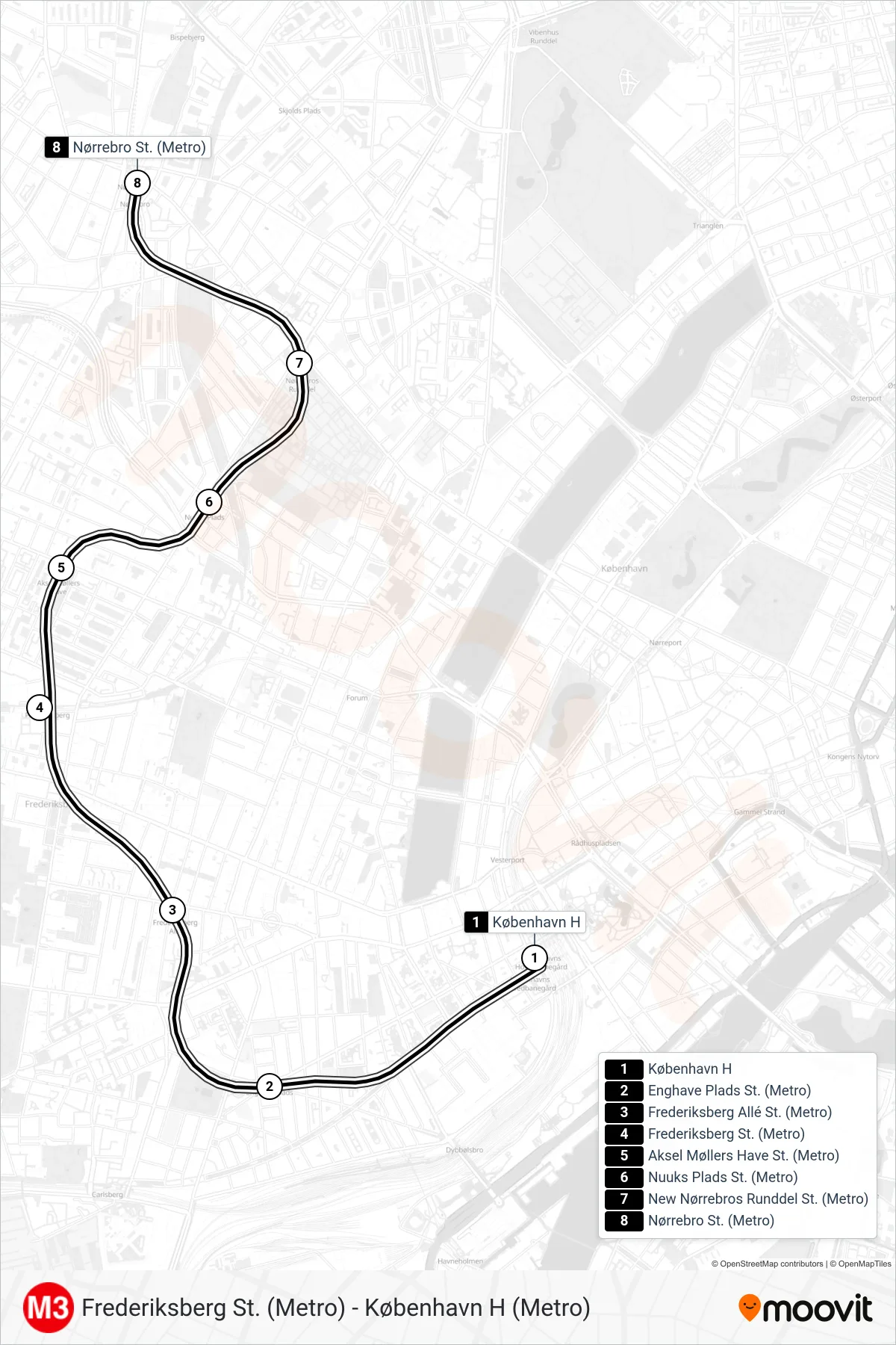 M3 metro Linje (Nørrebro St. (Metro)) rute og stop på et kort