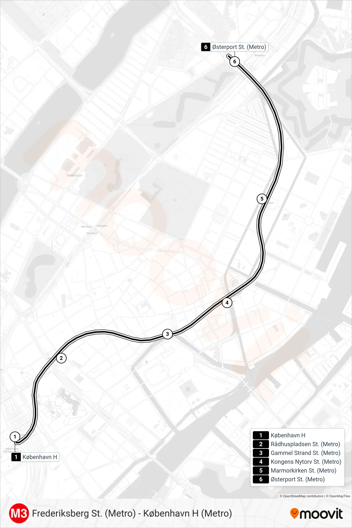 M3 metro Linje (Østerport St. (Metro)) rute og stop på et kort