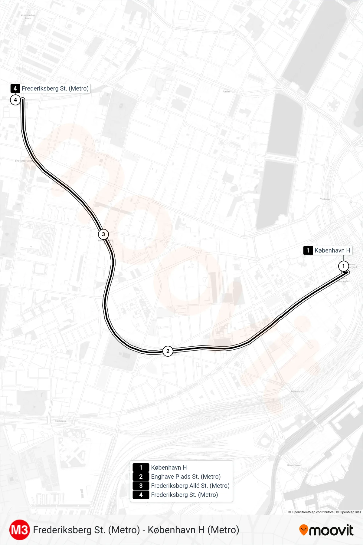 M3 metro Linje (Frederiksberg St. (Metro)) rute og stop på et kort