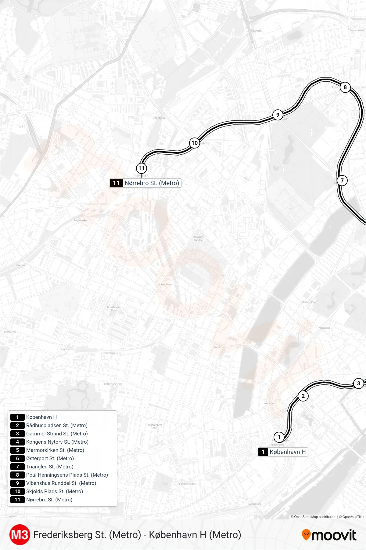M3 subway Line (Nørrebro St. (Metro)) route and stops on a map