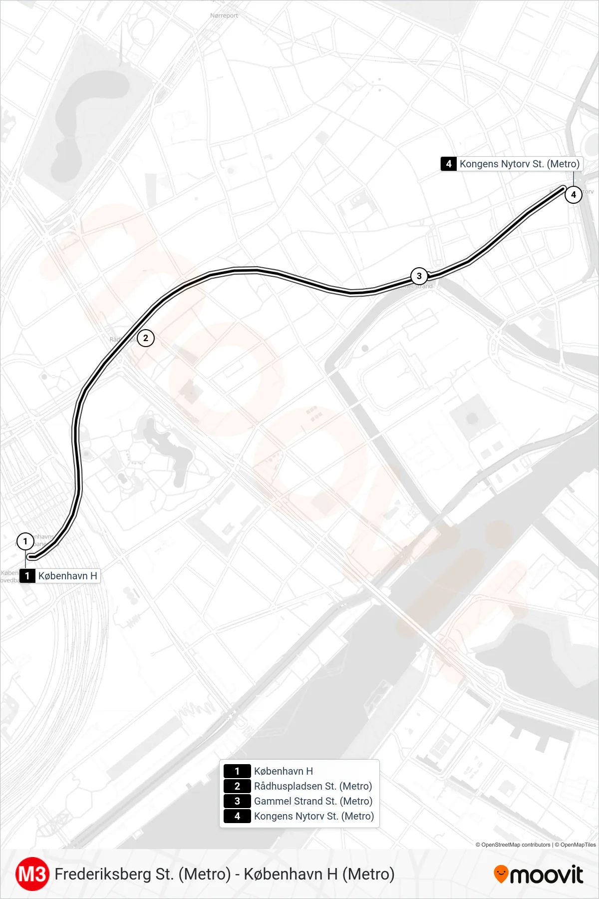M3 metro Line (Kongens Nytorv St. (Metro)) route and stops on a map