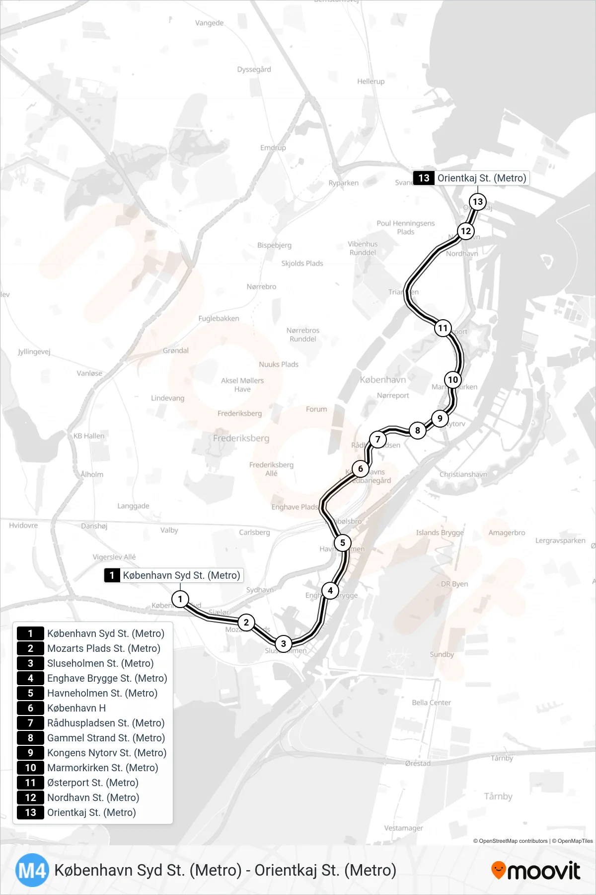 M4 metro Linje (Orientkaj St. (Metro)) rute og stop på et kort