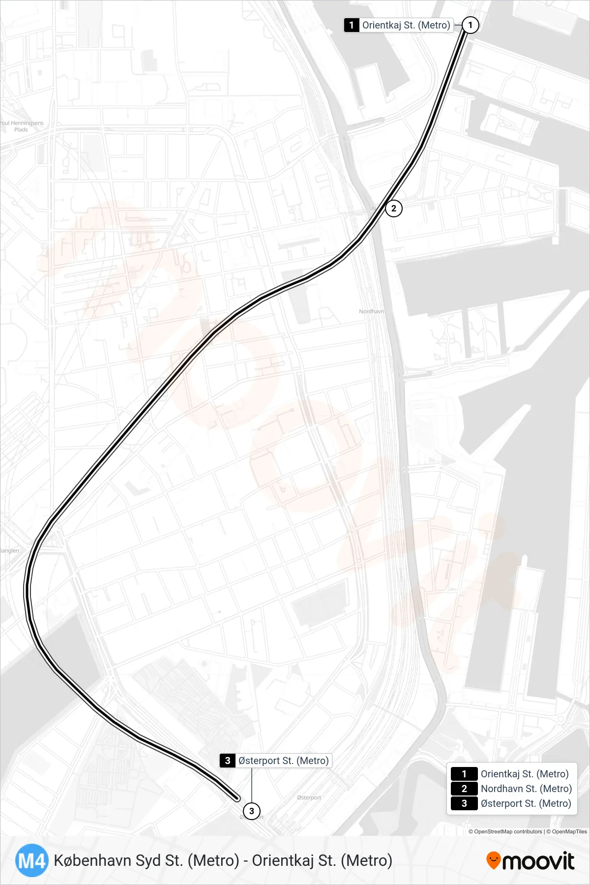 M4 jernbane Linje (Østerport St. (Metro)) rute og stop på et kort