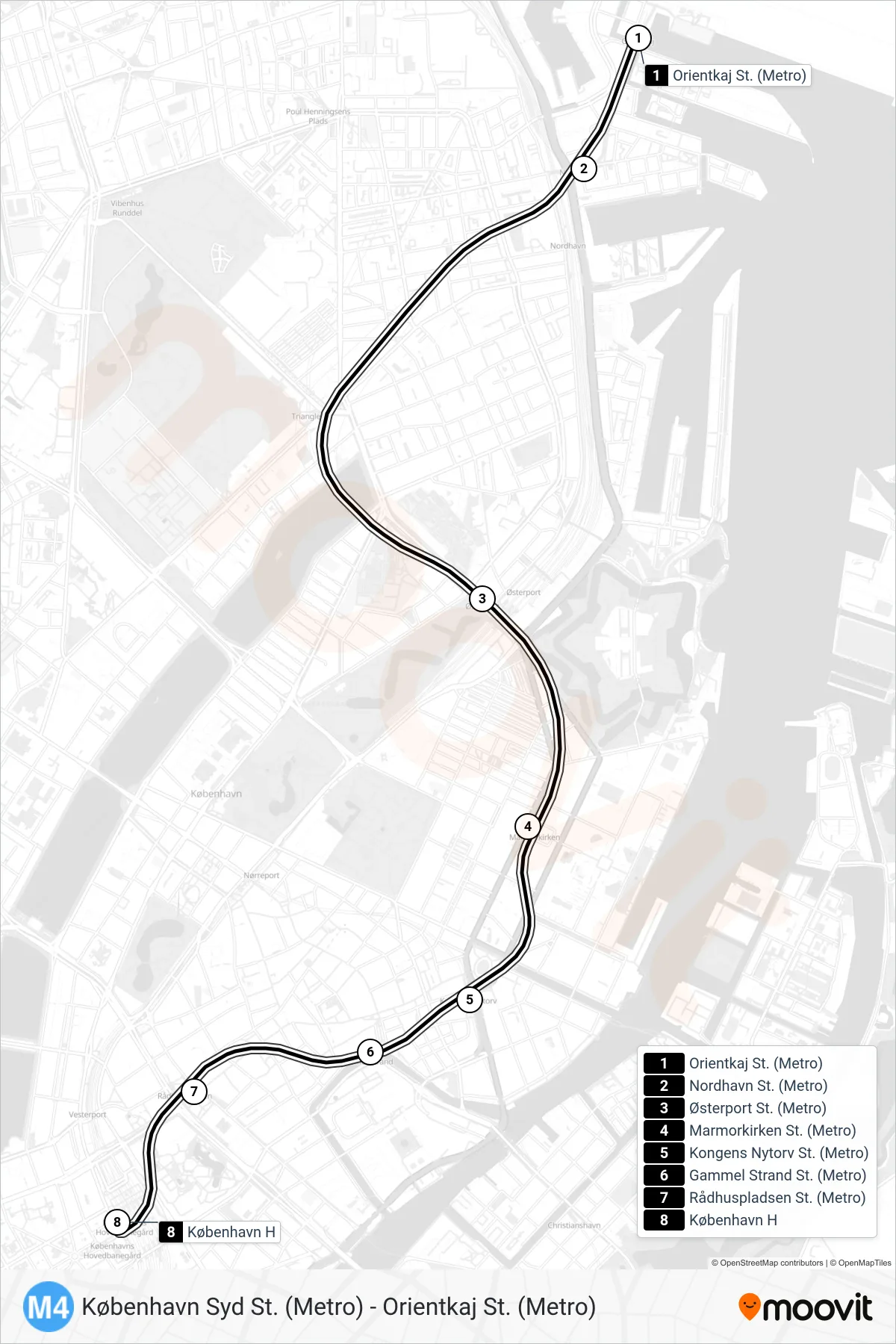 M4 subway Line (København H (Metro)) route and stops on a map