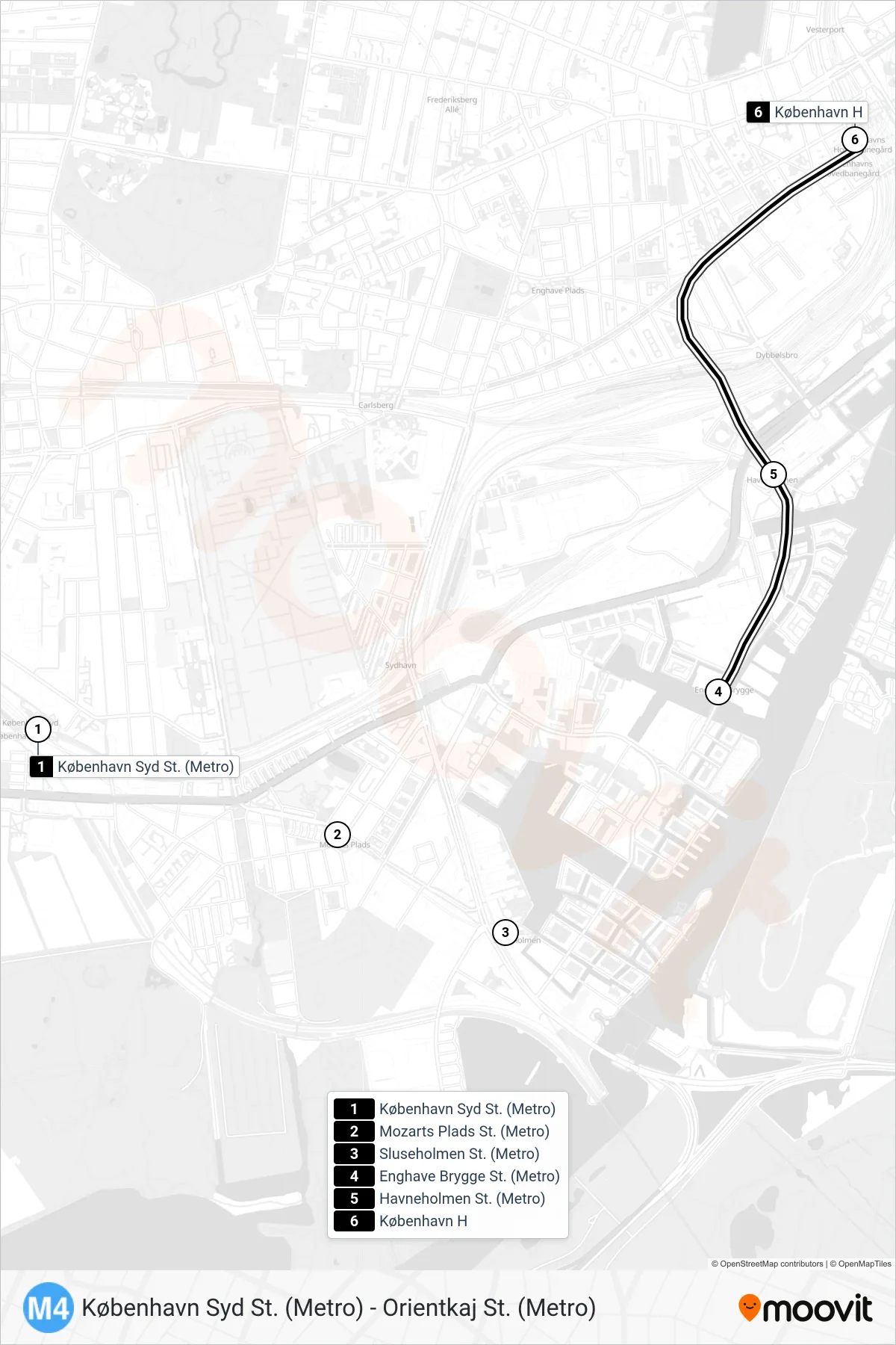 M4 metro Linje (København H (Metro)) rute og stop på et kort