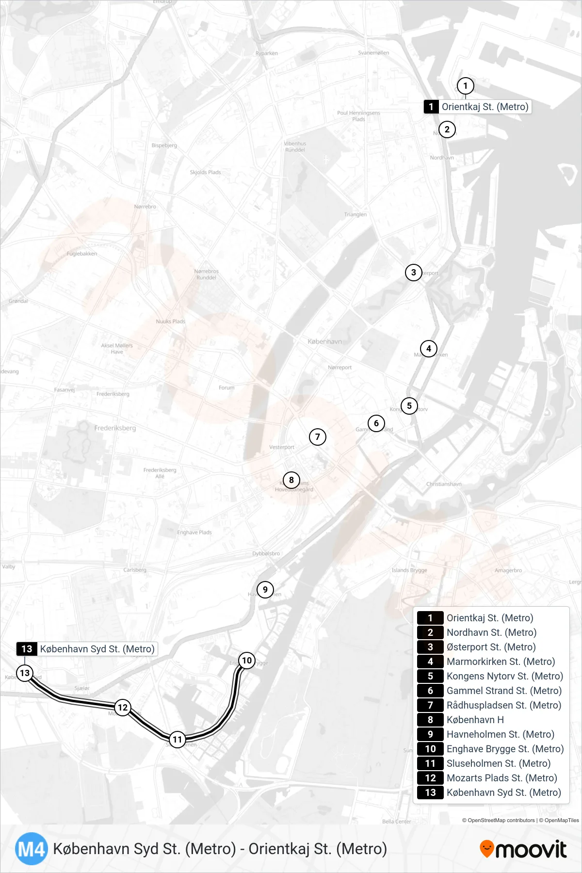 M4 metro Linje (København Syd St. (Metro)) rute og stop på et kort