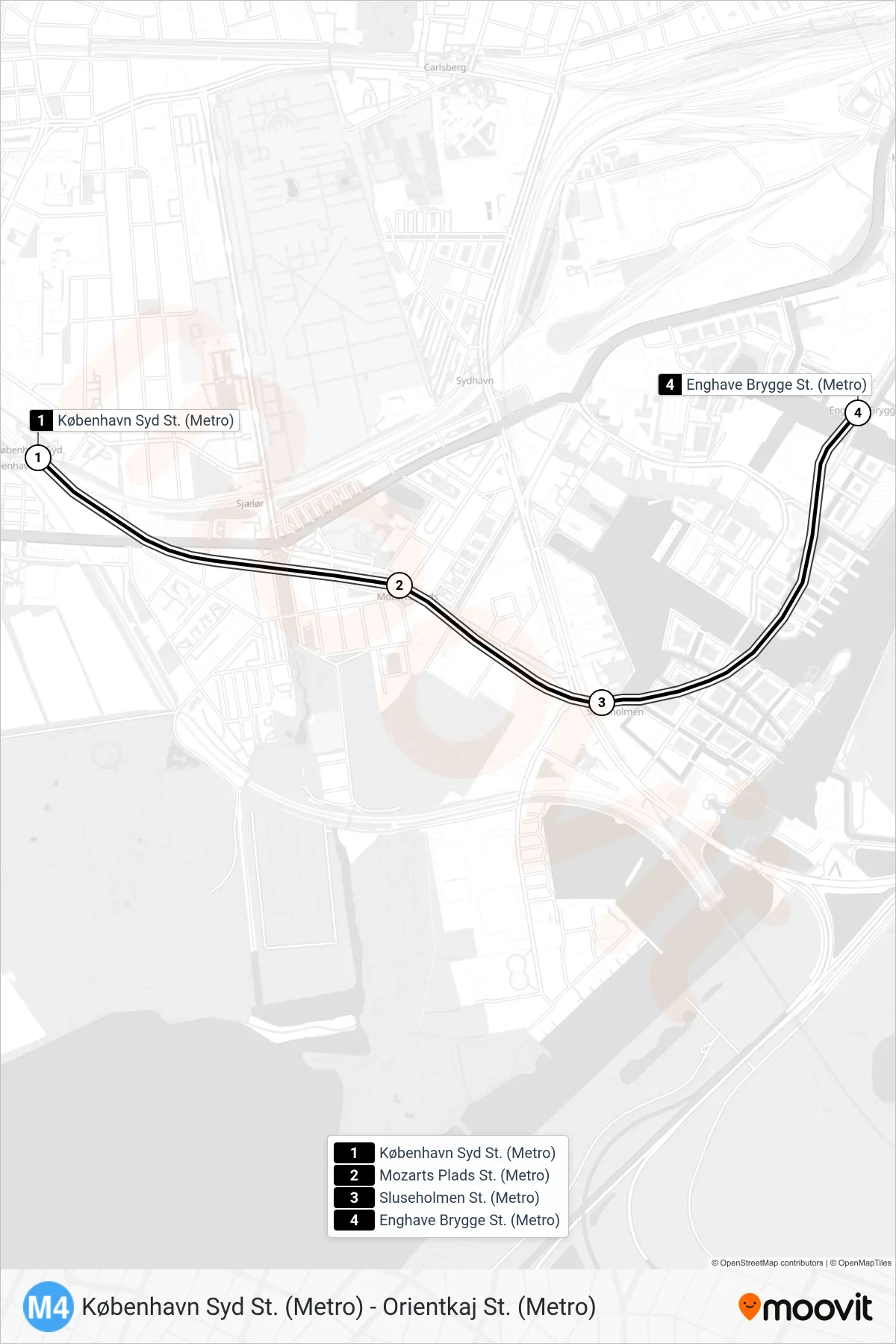 M4 metro Linje (Enghave Brygge St. (Metro)) rute og stop på et kort