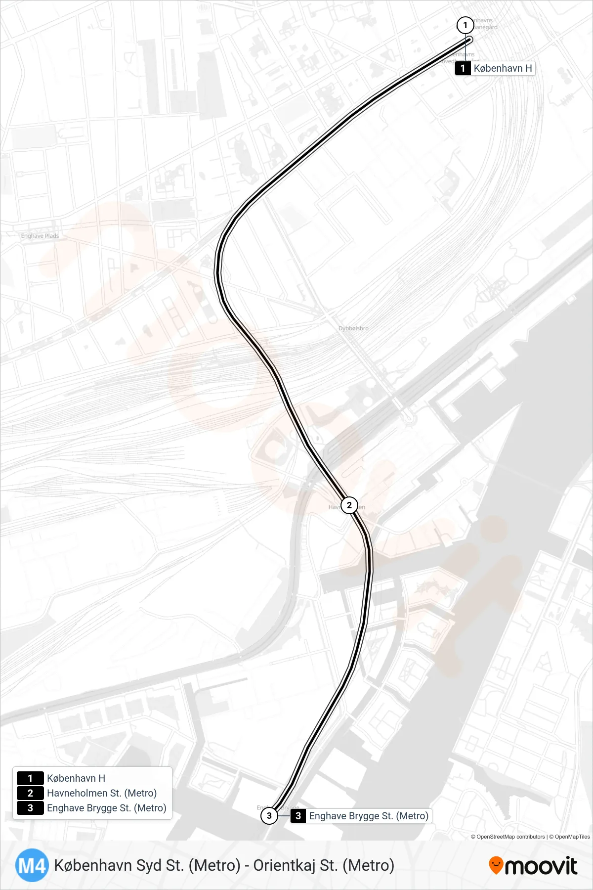 M4 metro Line (Enghave Brygge St. (Metro)) route and stops on a map