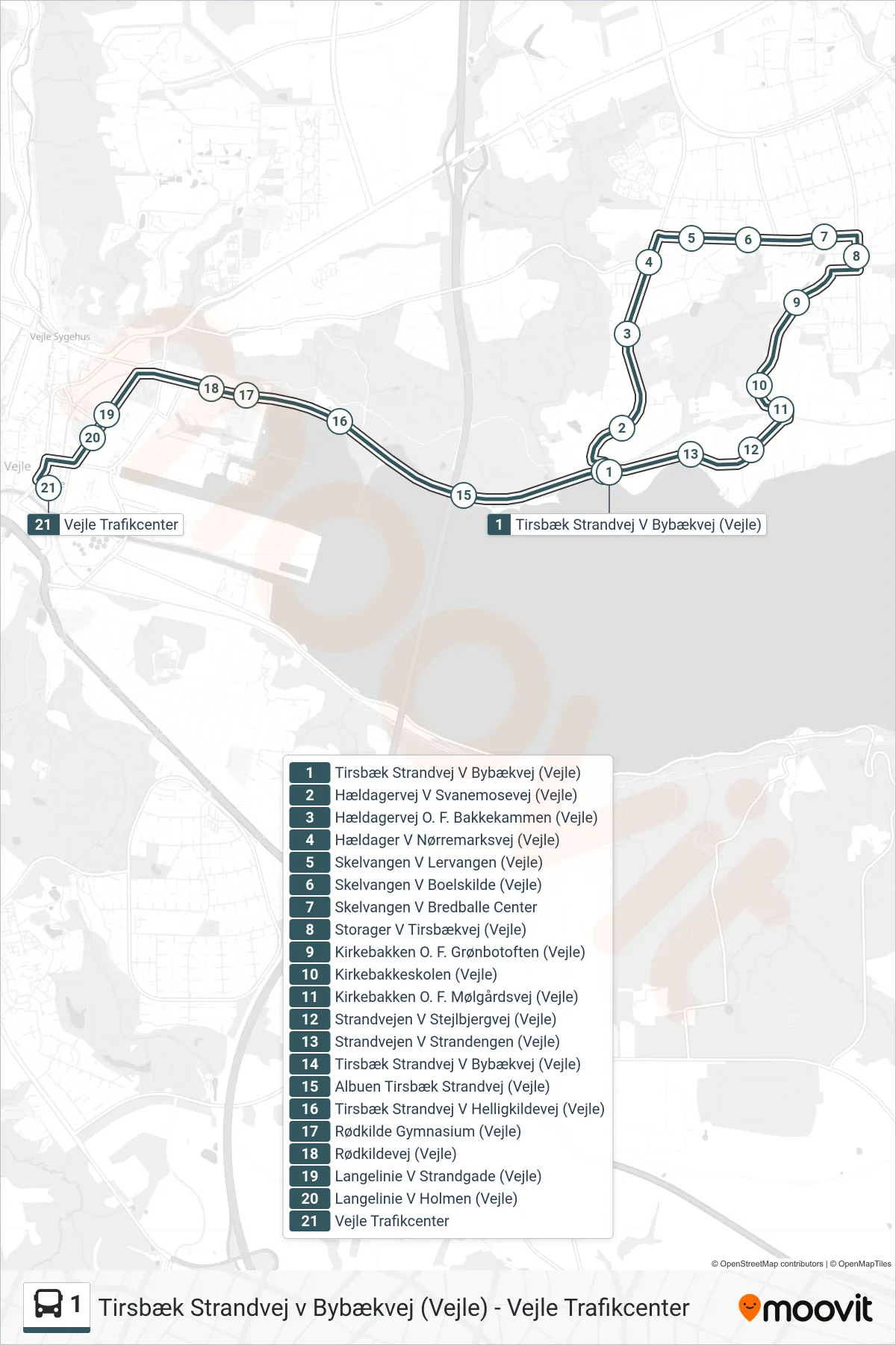 1 bus Linje (Vejle Trafikcenter) rute og stop på et kort