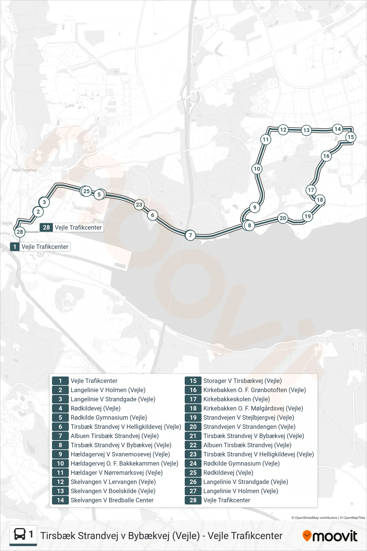 1 bus Linje (Vejle Trafikcenter) rute og stop på et kort